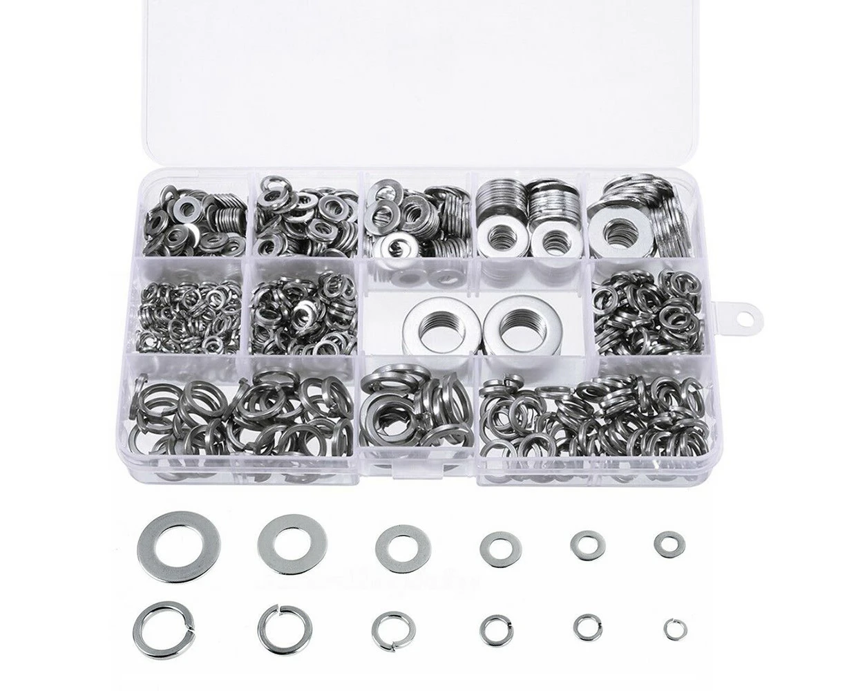 800Pcs M4~M12 Flat& Spring Washers Pad Stainless Steel Assortment Metal Lock Set