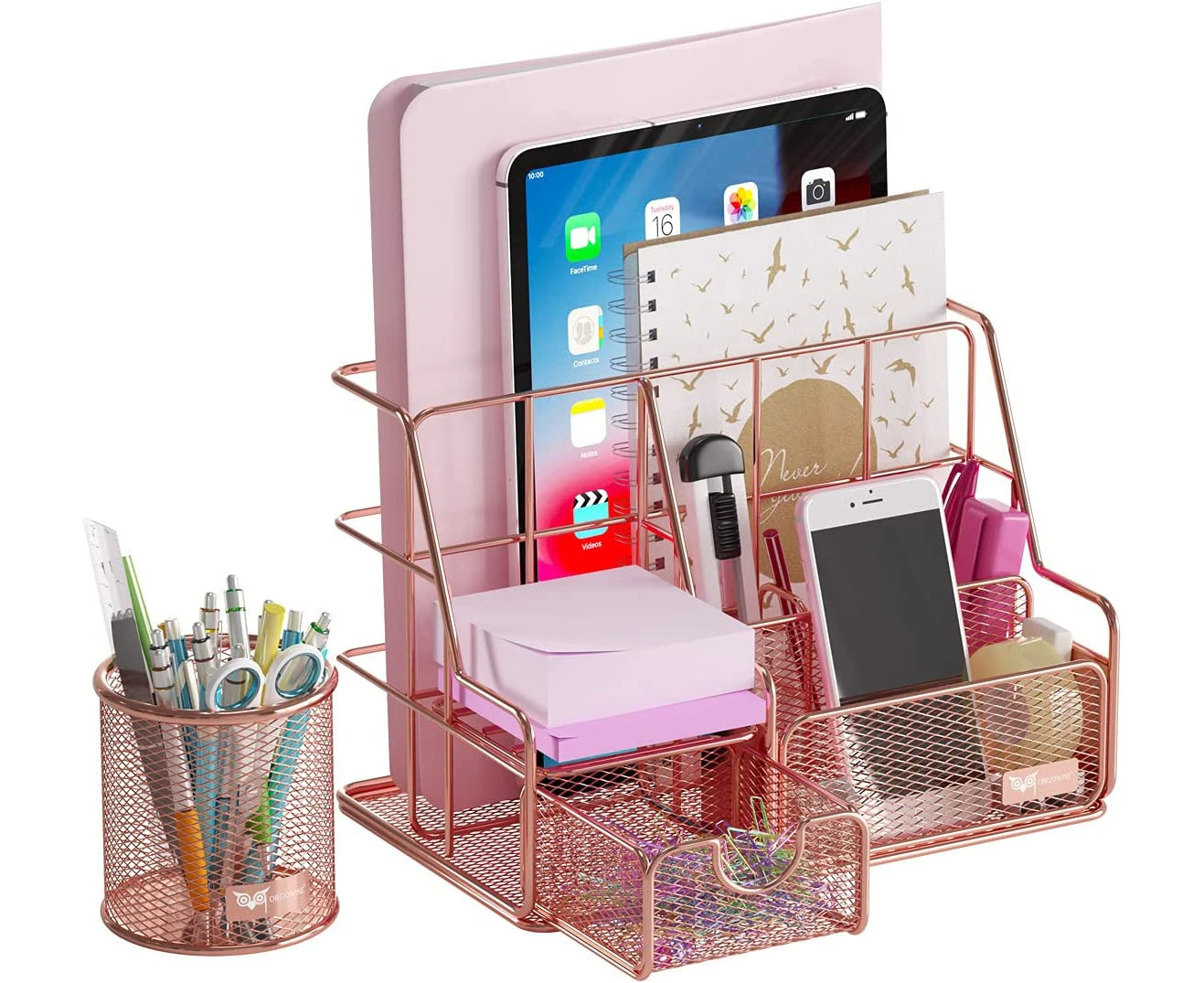 Mesh Desk Organizers. Rose Gold Desktop Organizer Paper File Organizer for Real Desk Organization. Cute Office Supplies Storage for Kids and Adults