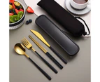 6pcs Cutlery Set Spoon Fork Knife Chopsticks Travel Box Storage Bag - Gold Black