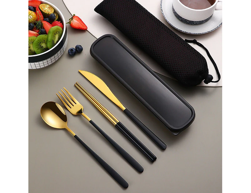 6pcs Cutlery Set Spoon Fork Knife Chopsticks Travel Box Storage Bag - Gold Black