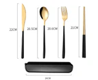 6pcs Cutlery Set Spoon Fork Knife Chopsticks Travel Box Storage Bag - Gold Black