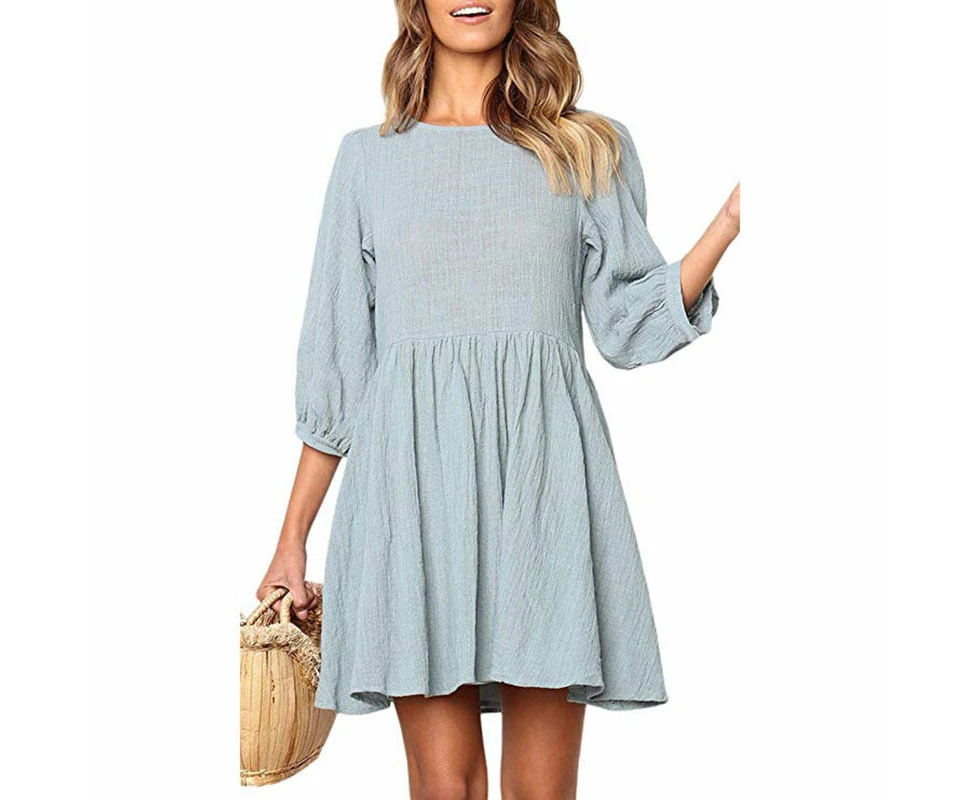 Women Dresses Half Sleeve Cotton Linen Pleated Round Neck Solid Casual Mini Dress,Blue,S