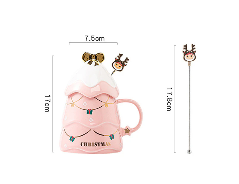 500ml Tree Shape Christmas Cup with Stirring Rod Ceramic Winter Holiday Water Cup for Kids Pink