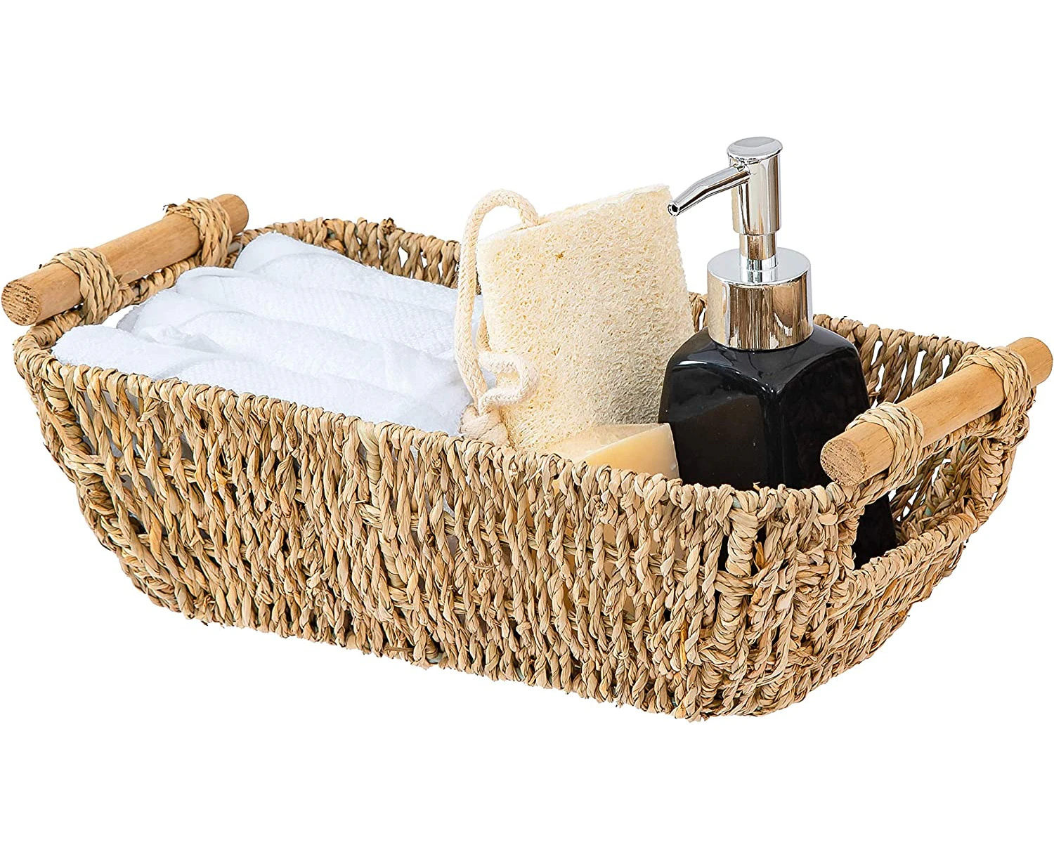 Fashion-Small Wicker Basket for Bathroom - Woven Seagrass Basket with Wooden Handles for Towels, Wash Cloth,Toilet Paper, Toiletries and Miscellaneous It