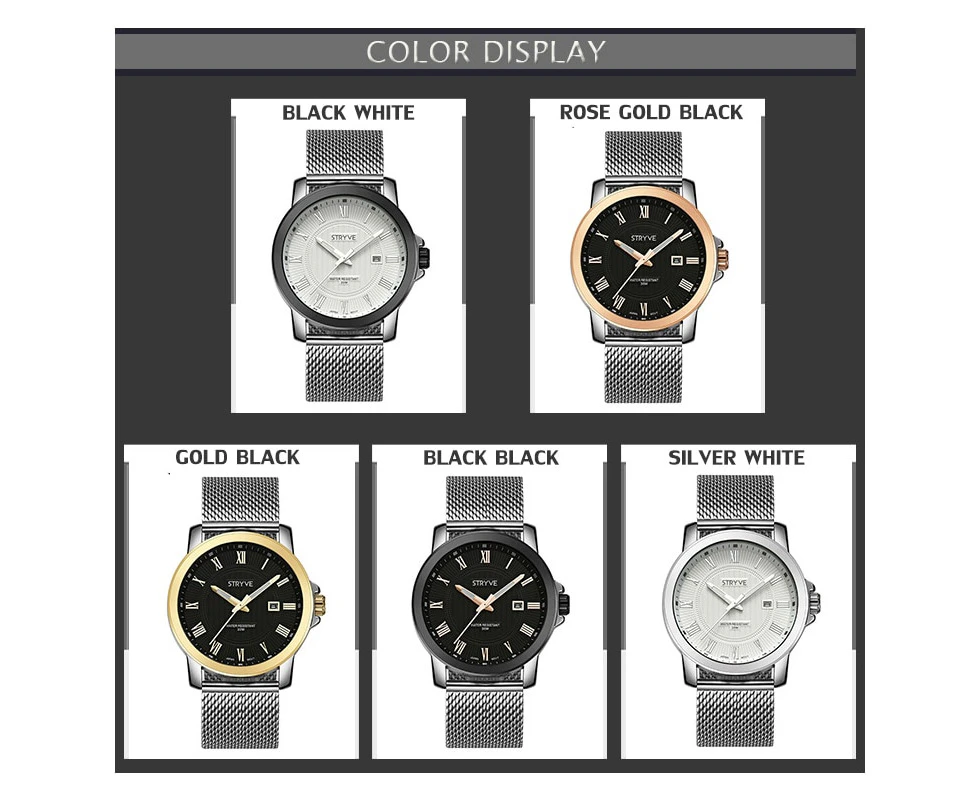 STRYVE Mens Classic Quartz Analog Watch Men Luxury Brand Business Wristwatch Stainless Male Watches Clock Relogio Masculino