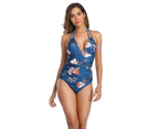 Women Summer Backless Floral Bandage One Piece Jumpsuit Beach Swimsuit Swimwear-Dark Green