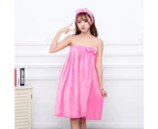 2Pcs Women Absorbent Shower Skirt Bathrobe Hair Cap Bath Towel Dressing Gown - Rose Red