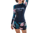 Swimsuit Conservative Long Sleeves Two-piece Floral Split Belly-covering Swimsuit for Swimming Pool-Navy Blue