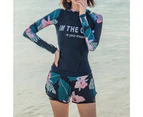 Swimsuit Conservative Long Sleeves Two-piece Floral Split Belly-covering Swimsuit for Swimming Pool-Navy Blue