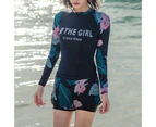 Swimsuit Conservative Long Sleeves Two-piece Floral Split Belly-covering Swimsuit for Swimming Pool-Navy Blue