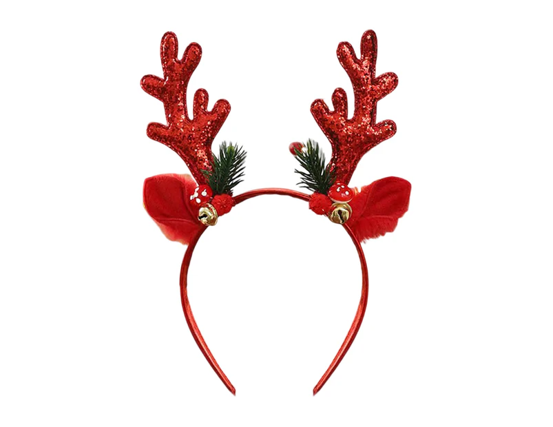 Christmas Reindeer Antlers Headband Deer Horn Hair Hoop Headdress with Jingle Bells for Party Fancy Dress Costumes-Red