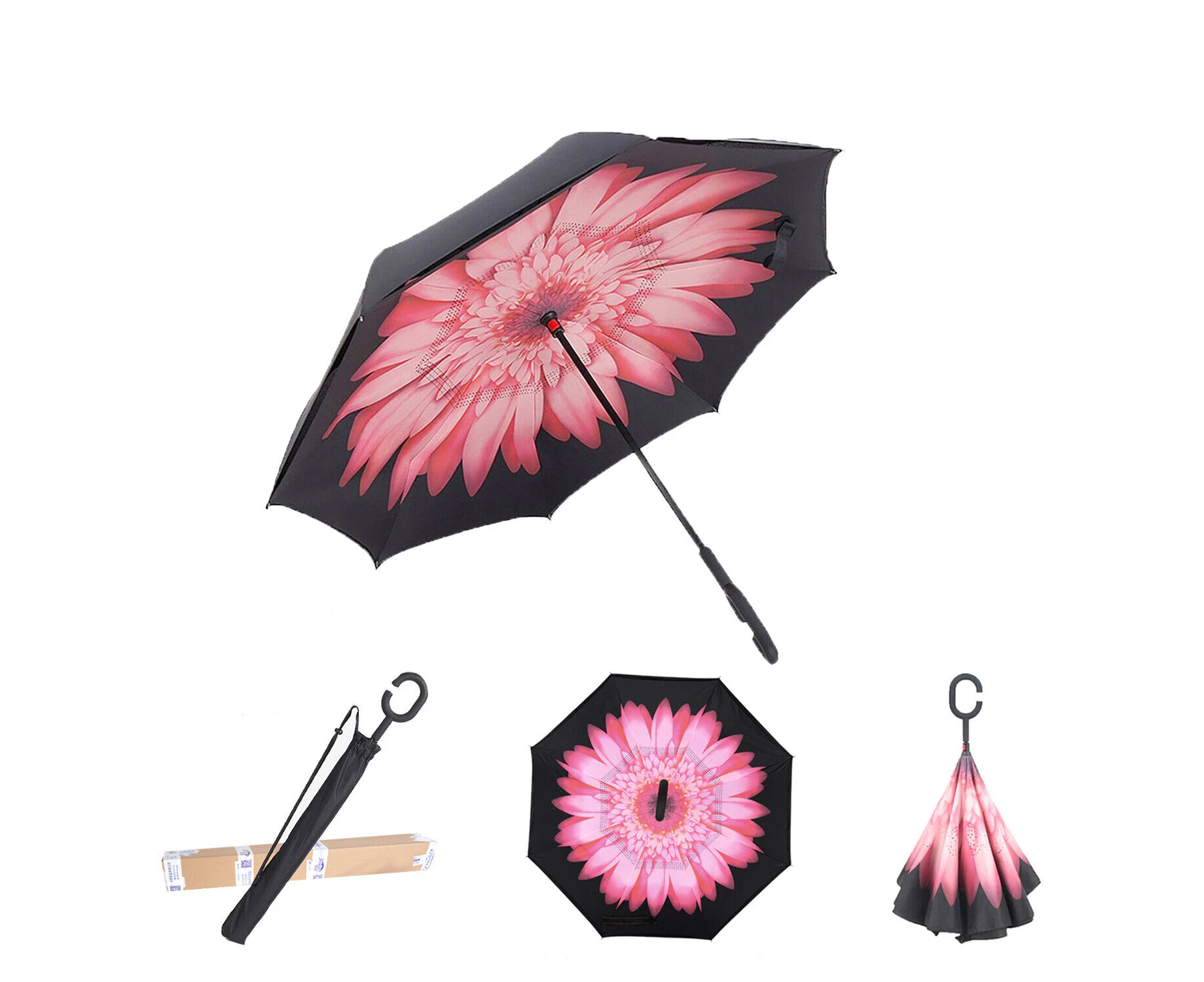 Upside Down Reverse C-Handle Double Layer Windproof Umbrella (With Carry Bag) - Pink Blossom Design - Pink Blossom Design