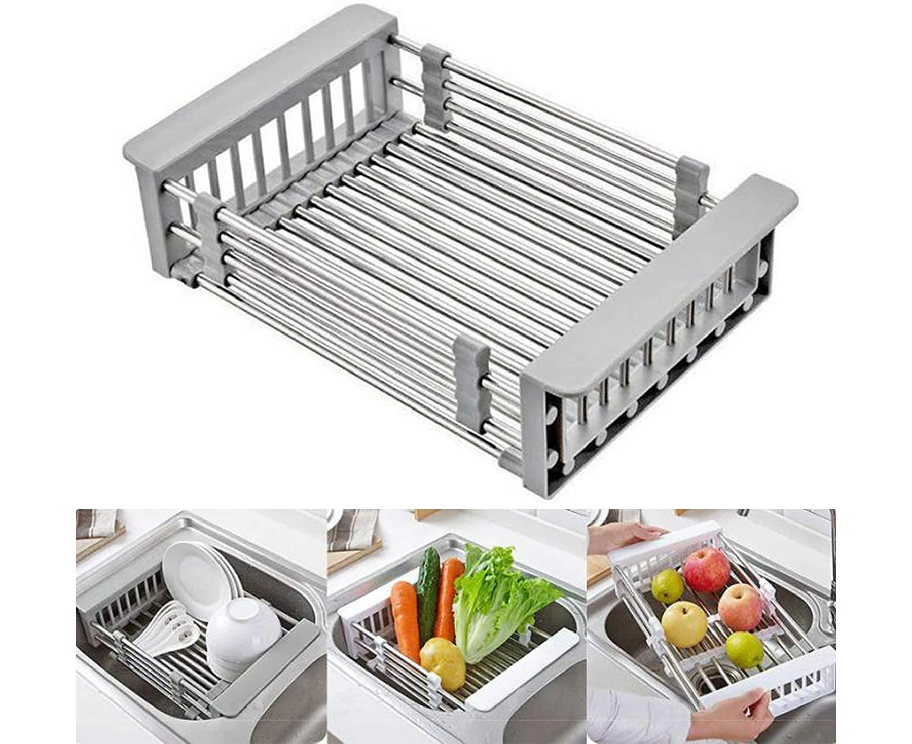 Retractable Stainless Steel Sink Strainer Drain,Telescopic Drain Basket with Adjustable Armrest, Kitchen Rack Drain Basket, Over The Sink Dish Drying Rack