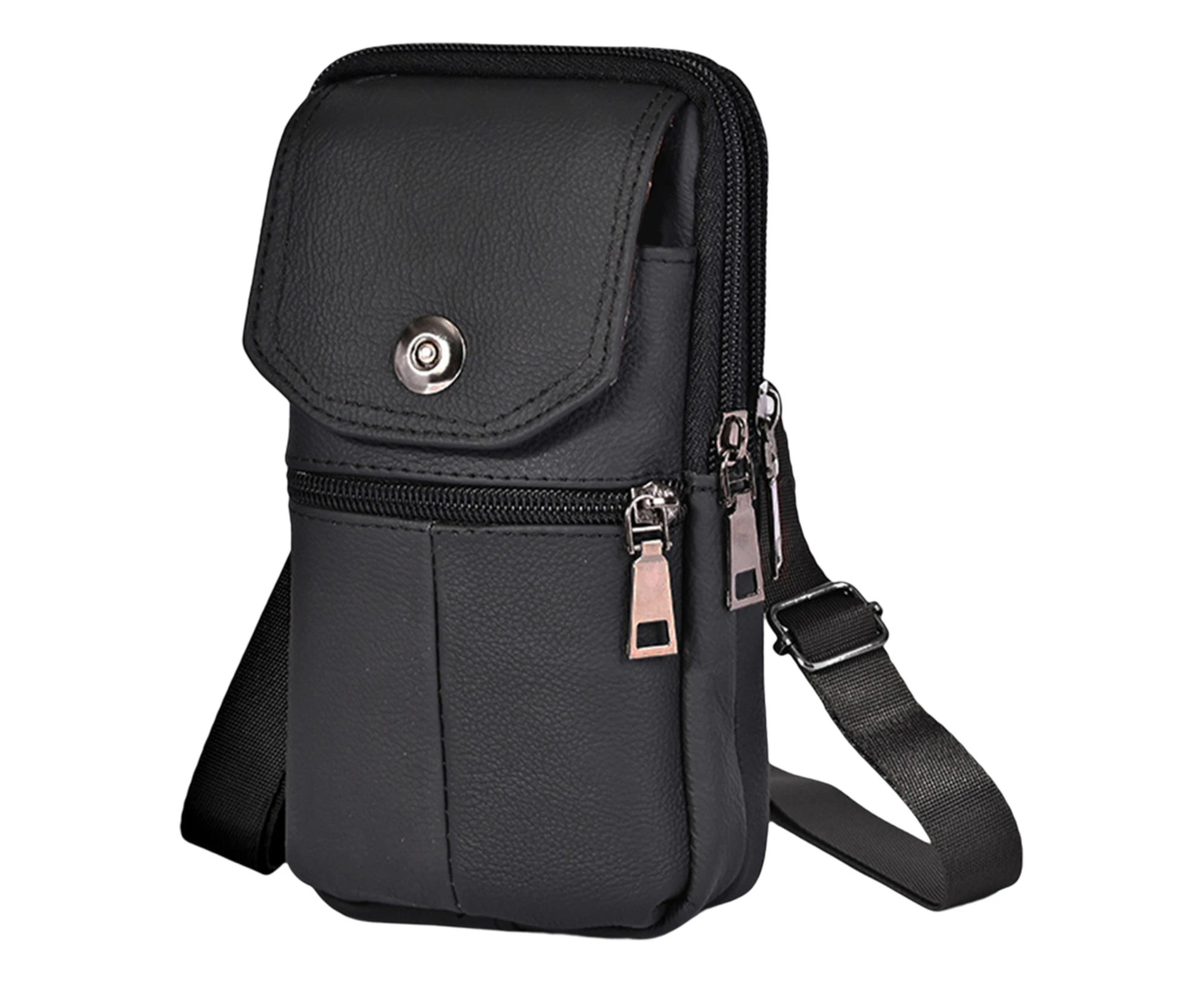 Multi Pockets Smooth Zipper Button Closure Adjustable Strap Vertical Style Phone Waist Bag Men Faux Leather Phone Small Chest Shoulder Belt Bag-Black