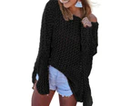 Women Bikini Cover up Long Sleeve Knitted See Through Sun Protection Loose Top-Black