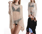 Women Bikini Cover up Long Sleeve Knitted See Through Sun Protection Loose Top-Black