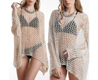 Women Bikini Cover up Long Sleeve Knitted See Through Sun Protection Loose Top-Black