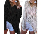 Women Bikini Cover up Long Sleeve Knitted See Through Sun Protection Loose Top-Black