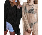 Women Bikini Cover up Long Sleeve Knitted See Through Sun Protection Loose Top-Black