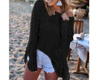 Women Bikini Cover up Long Sleeve Knitted See Through Sun Protection Loose Top-Black