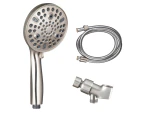 Set up a hand-held shower with on/off pause switch and brushed nickel high pressure shower head