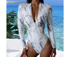 Surfing Bikini Fashion Print Zipper One-piece High Waist Slim-fitting Monokini Swimwear for Beach-White