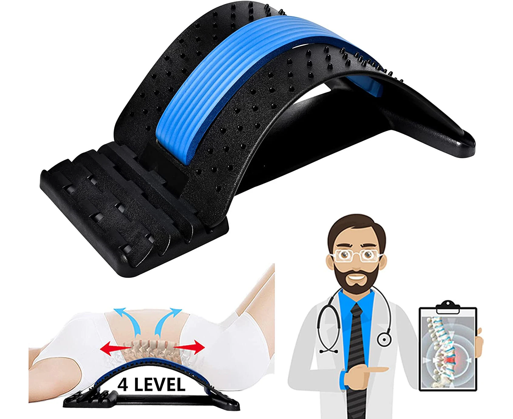 Back Stretcher Lumbar Back Pain Relief Device Spine Deck/ Multi-Level Massager Lumbar Pain Relief for Herniated Disc Sciatica Scoliosis-4 Level -Black Blue