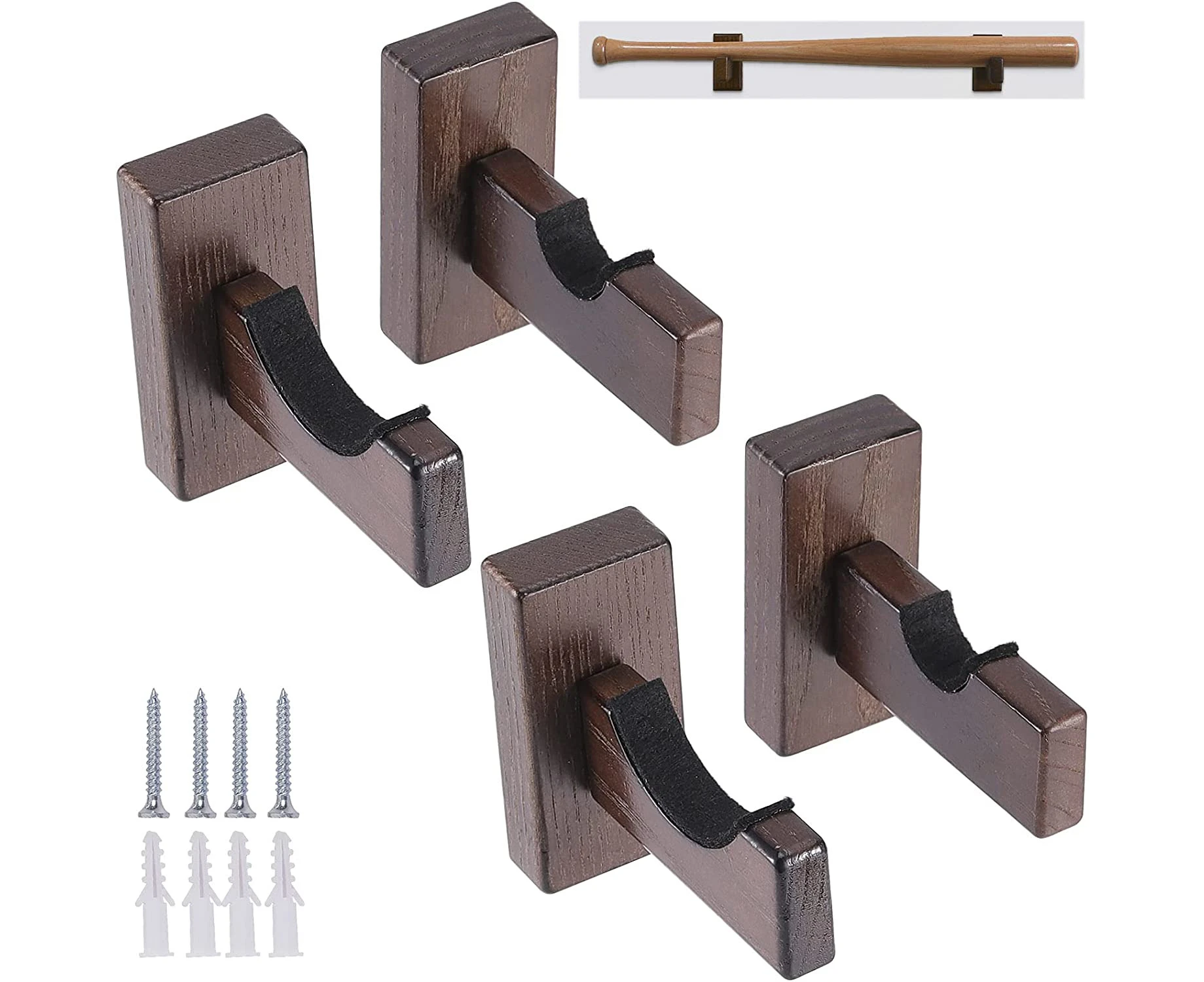 4 Pack Baseball Bat Display Case Holder, Solid Wood Rack Brackets Baseball Bat Hanger Wall Mount - Brown