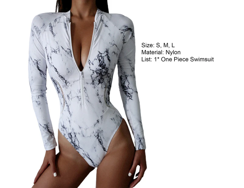 Surfing Bikini Fashion Print Zipper One-piece High Waist Slim-fitting Monokini Swimwear for Beach-White