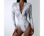 Surfing Bikini Fashion Print Zipper One-piece High Waist Slim-fitting Monokini Swimwear for Beach-White