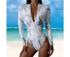 Surfing Bikini Fashion Print Zipper One-piece High Waist Slim-fitting Monokini Swimwear for Beach-White