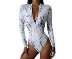 Surfing Bikini Fashion Print Zipper One-piece High Waist Slim-fitting Monokini Swimwear for Beach-White