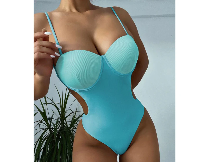 Backless One Piece Swimsuit Solid Swimwear Female Sexy Monokini Push Up Bodysuit Underwired Bathing Suit Bikini Blue - Blue