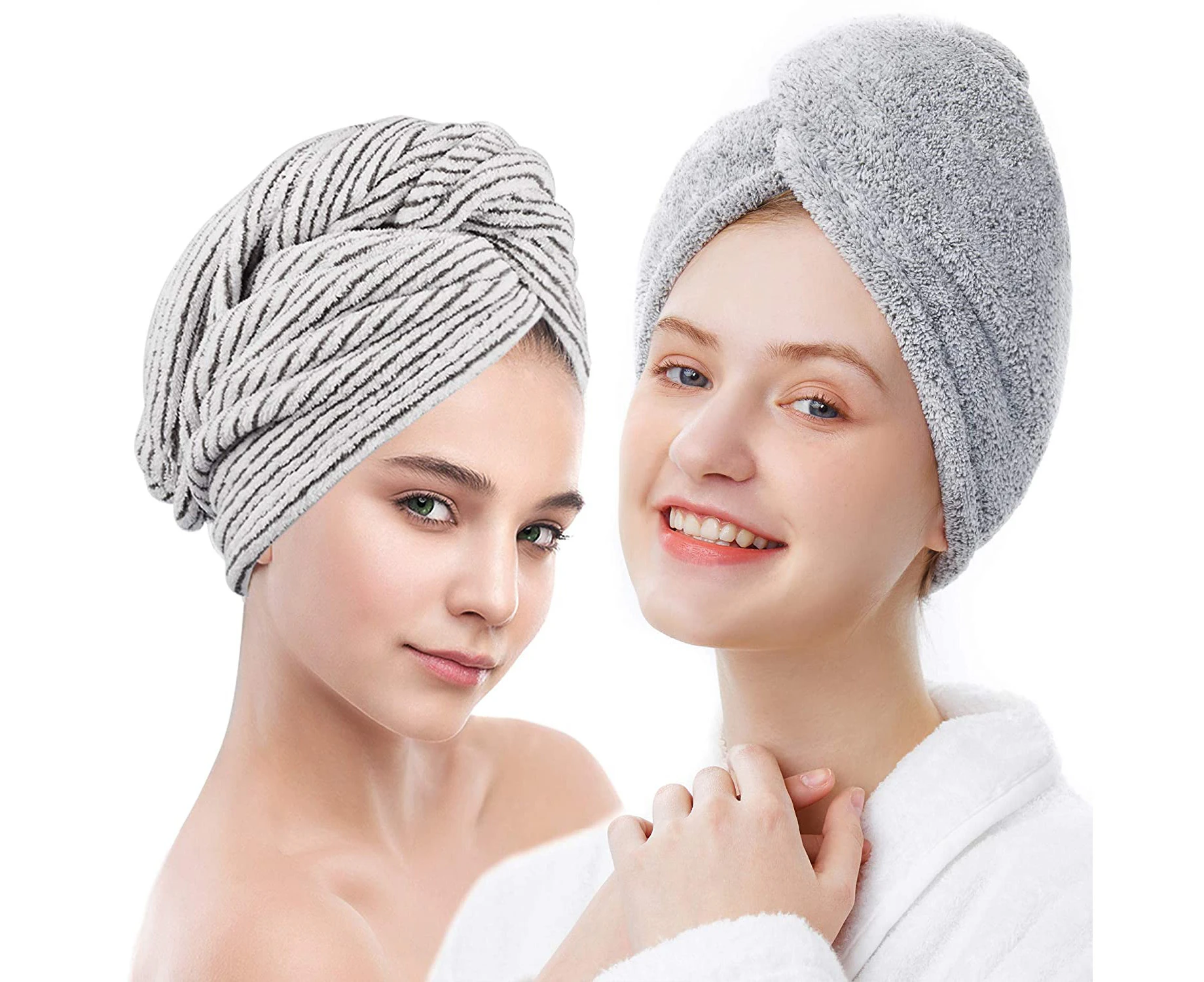 Bamboo Hair Towel Wrap 2 Pack, Microfiber Hair Drying Shower Turban with Buttons