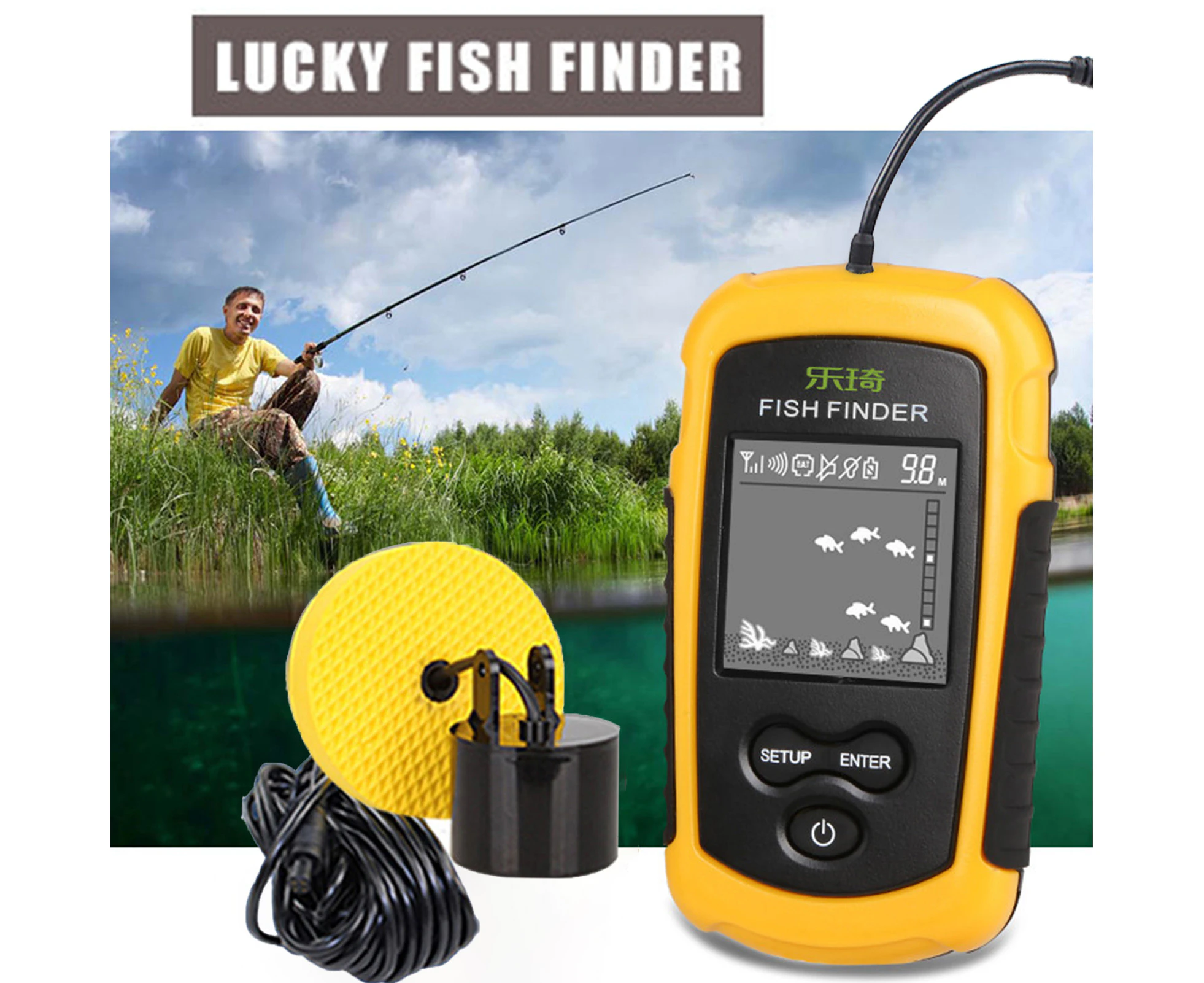 Fish Depth Finder Digital Display Depth Readout Accurate Portable Fish Finder for Boat Fishing Black & Yellow