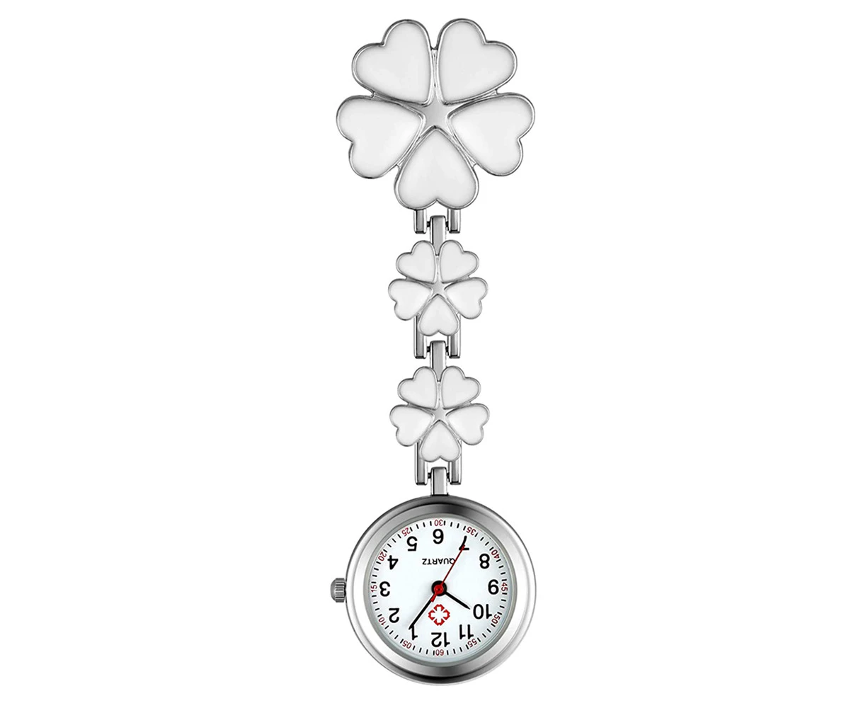 Women's Clip on Fob Watch, Zinc Alloy Quartz Nurse Watch, Flower Shape Lapel Watch, Hanging Pocket Watch，with five heart-shaped - White