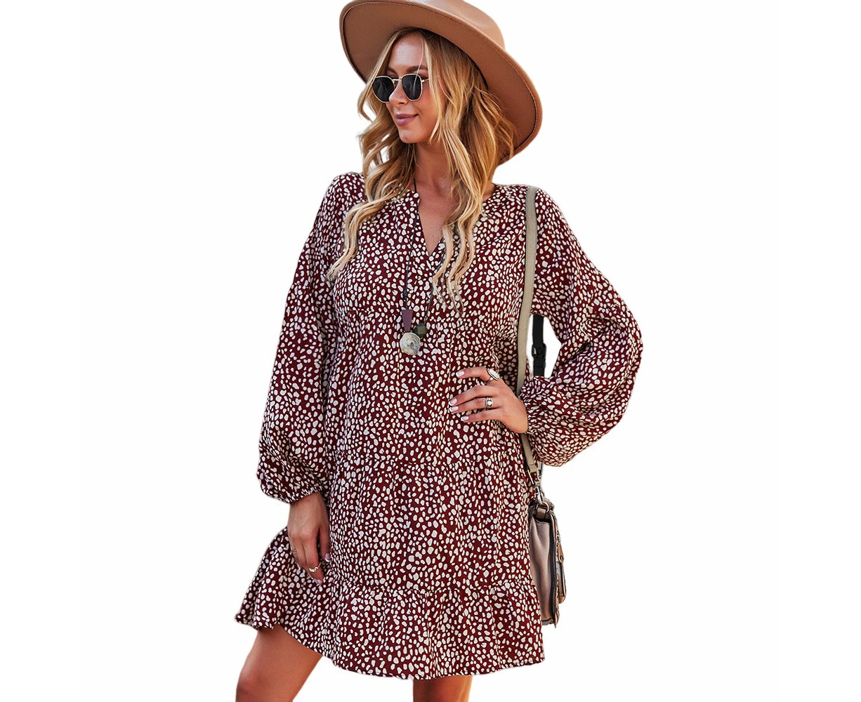 Long Sleeve V-Neck Leopard Print Casual Resort Dress - WINE RED