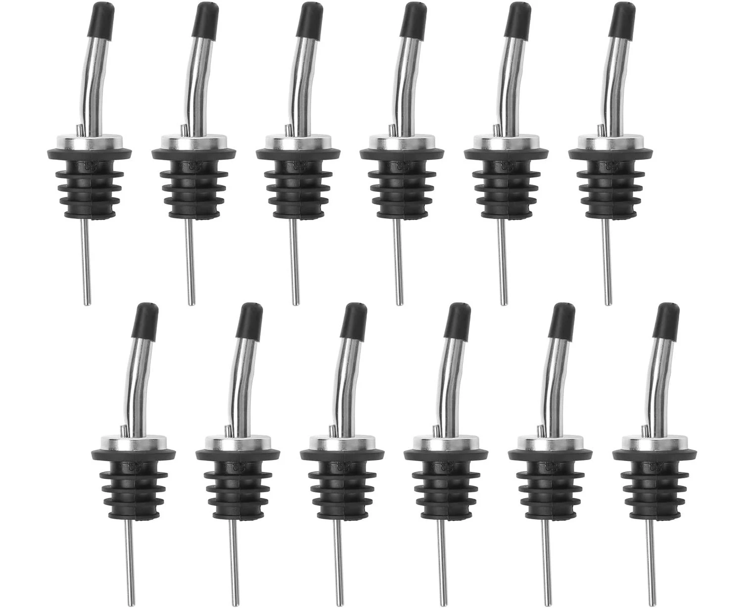 12 Pieces 201 Flat Cover Wine Pourer + Small Black Cap12 Pack Stainless Steel Classic Bottle Pourers Tapered Spout