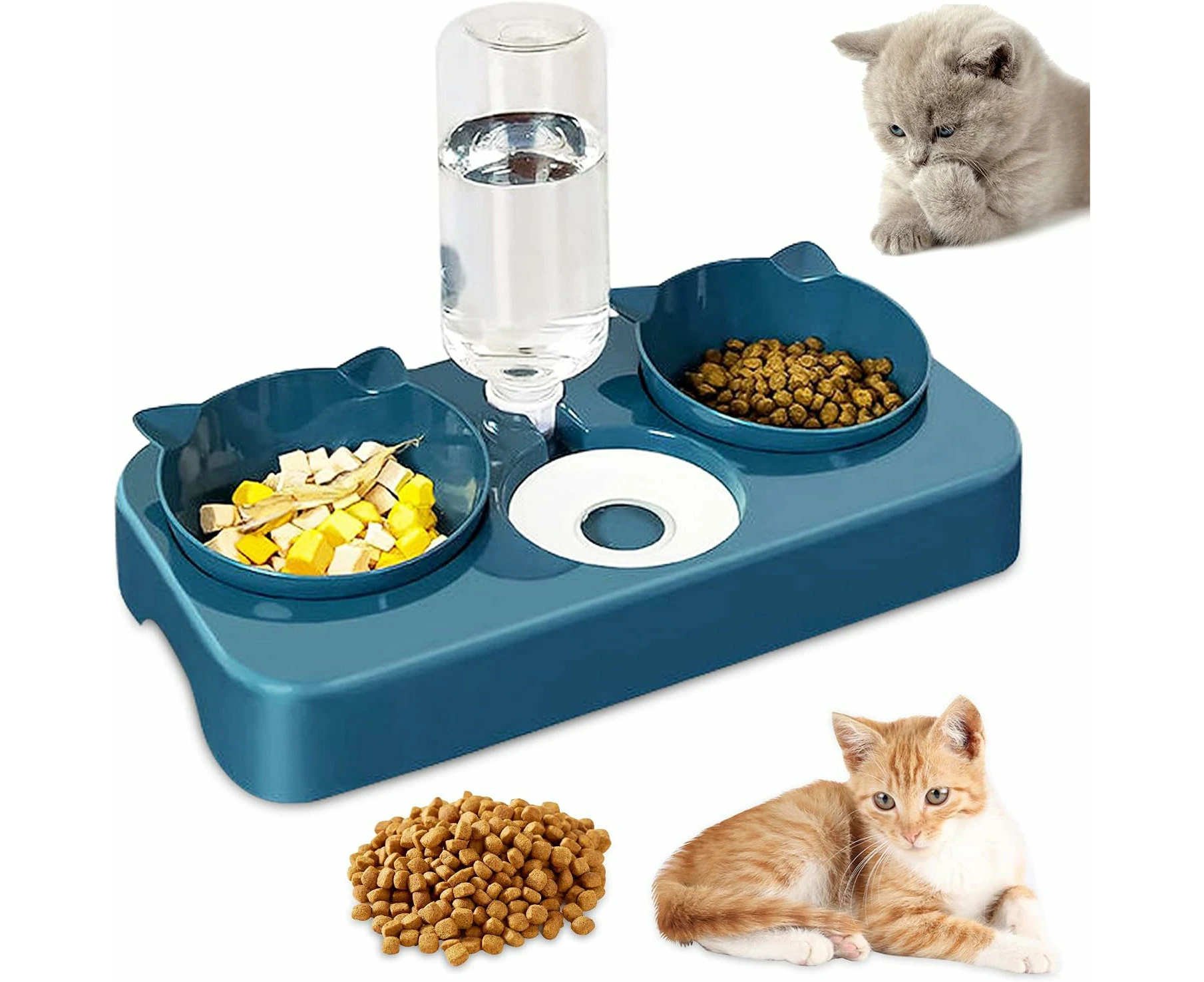 Cat bowls feeding station, premium stainless steel dog and cat food, blue, (staple food bowl+snack bowl+water bowl)