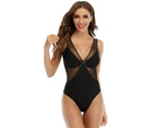 Sexy Solid One Piece Swimsuit Plus Size Swimwear Women V-Neck Bodysuit Bathing Suit Summer Beach Wear Black - Black