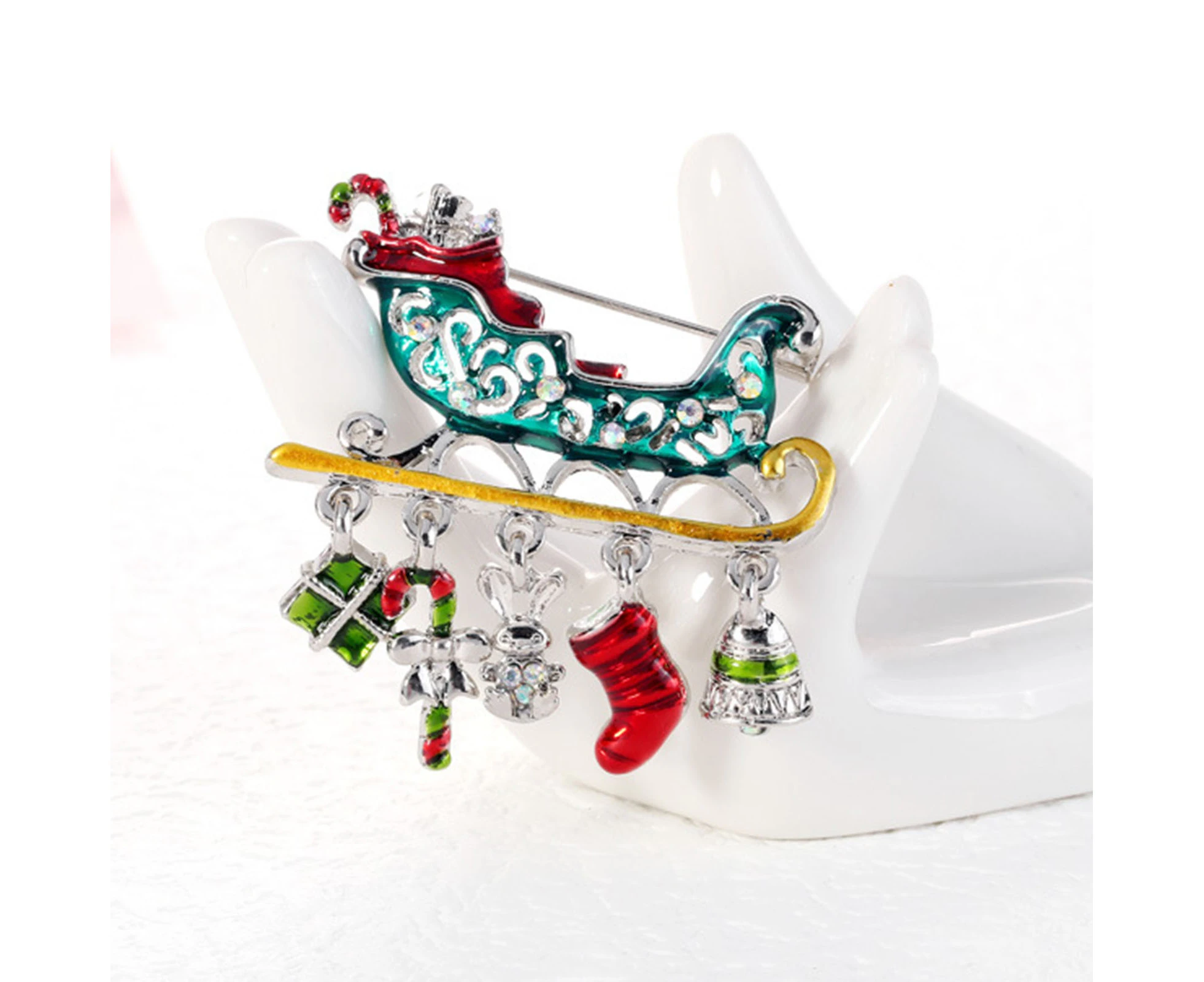 Christmas Gift Car Shape Brooch Pin Rhinestone Alloy Crutch Socks Bell Pendant Enamel Pin Friends Gift