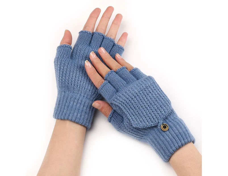 Solid Color Gloves Stripe Dual Purpose Gloves Woolen Thermal Gloves,Blue