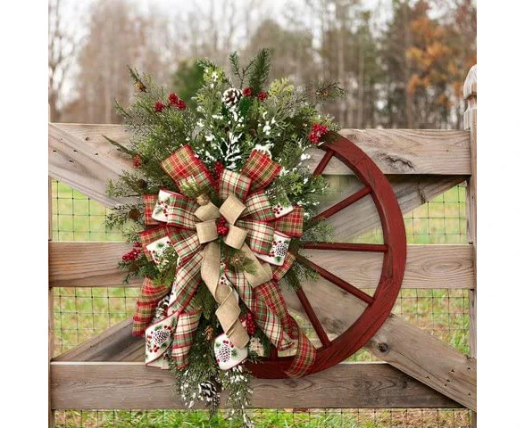 Red Wagon Wheel Wreath with Ribbons Pine Trees Berries | Vintage Farmhouse Wreath for Front Door | Christmas Decorations Wreath for Window Outdoor | Winter