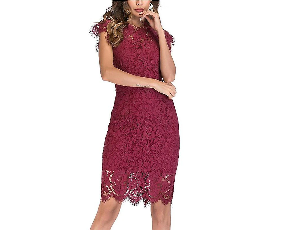 Wedding Guest Dresses For Women Dresses European And American Solid Color Lace Slim Fit Hip Sexy Dress Red Red Wine - XL