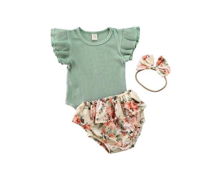 3Pcs Newborn Infant Baby Girl Clothes Ruffle Romper Bodysuit Floral Shorts Summer Outfit - Green