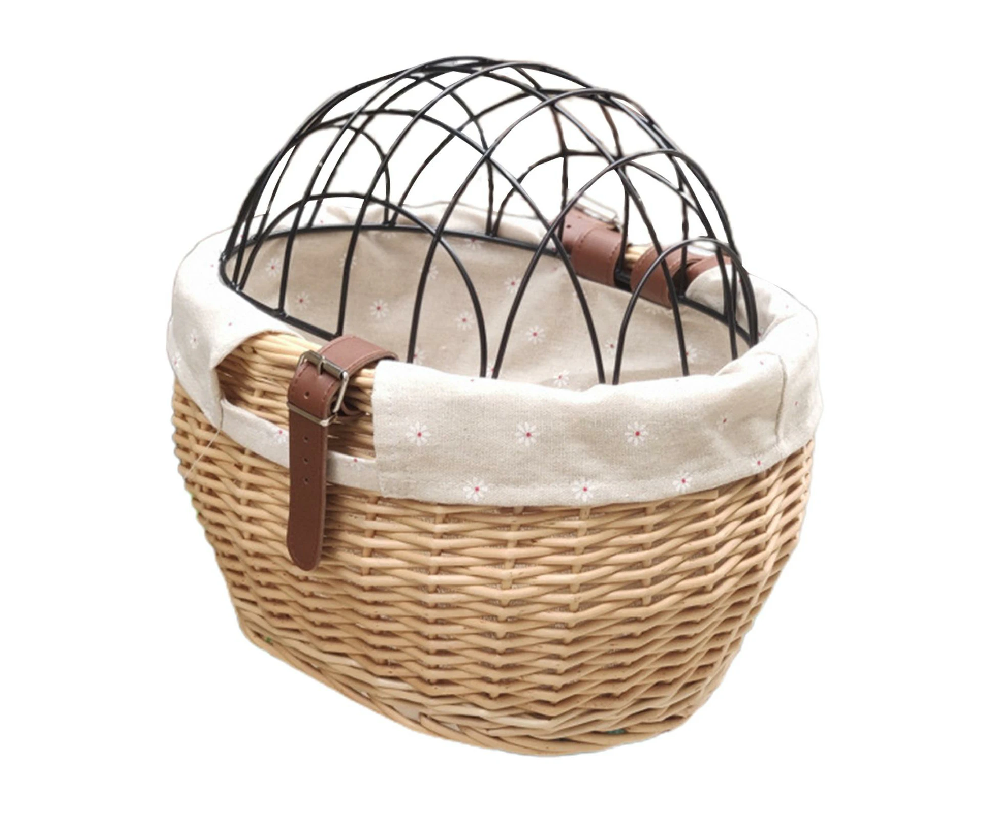 Wicker Bike Basket For Small Dogs Cats Pet Carrier Front Basket With Wire Mesh Cover