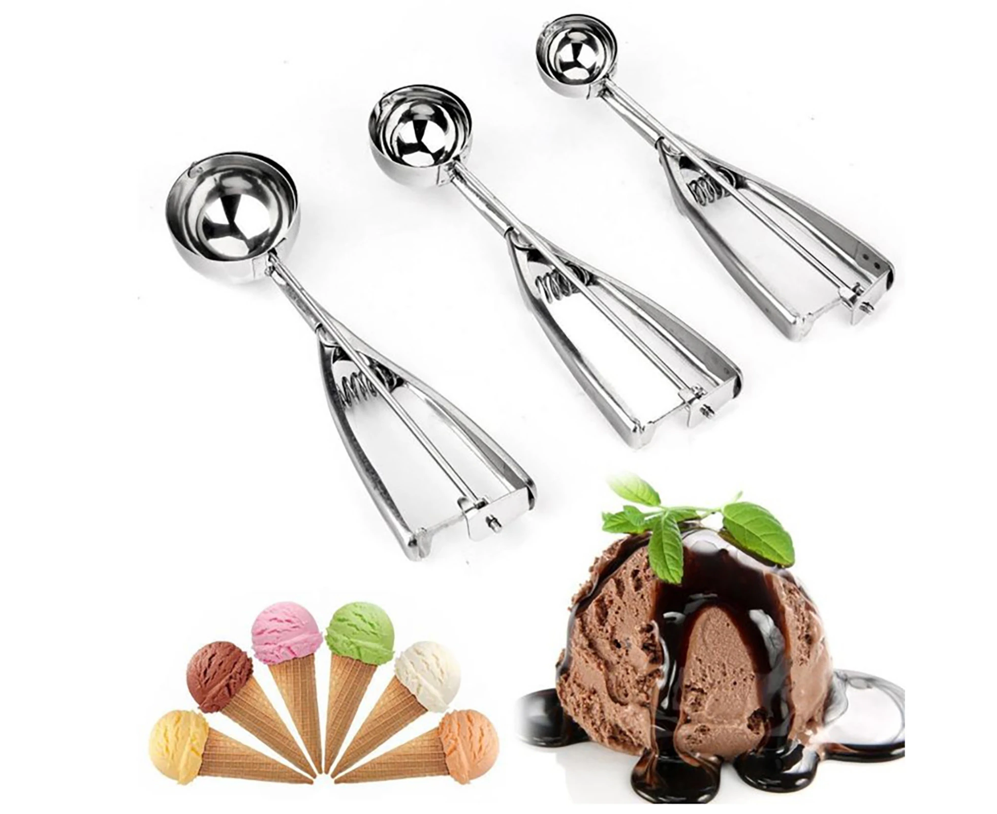 3Pcs/Set Ice Cream Scoop Rustproof Non-stick Stainless Steel Baking Cookie Dough Tablespoon Kitchen Tool  Silver