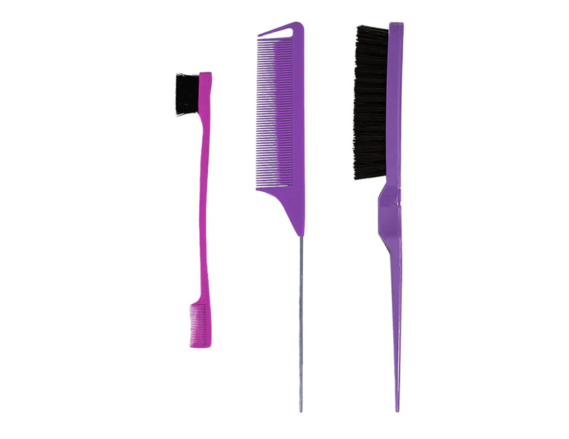 3Pcs/Set Hair Dye Brush Solid Fine Teeth Uniformly Shading Tip Tail Hairdresser Steel Needle Fine Teeth Comb for Beauty-Purple