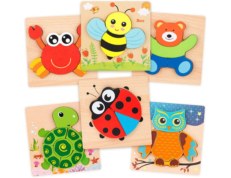 Wooden Jigsaw Puzzle Set, 6 Pack Animal Shape Color Montessori Toy, Fine Motor Skill Early Learning Preschool Educational Gift Game for Years Old Kids