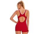 One Piece Swimsuit Women Sport Swimwear Monokini Rash Guards Surfing Suit Open Back Fitness Beach Bathing Suit Red - Red